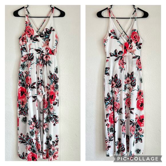 miami Dresses & Skirts - Franchesca's Miami Floral Spaghetti Cross Back Romper Train Maxi Dress SZ Small
